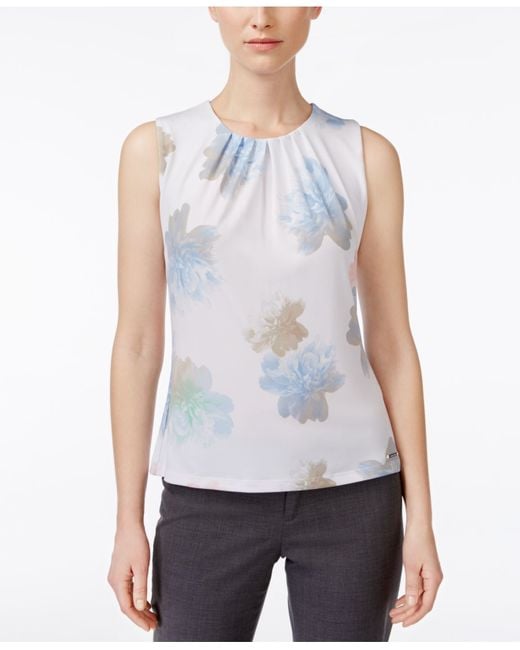 calvin klein sleeveless floral pleat neck cam